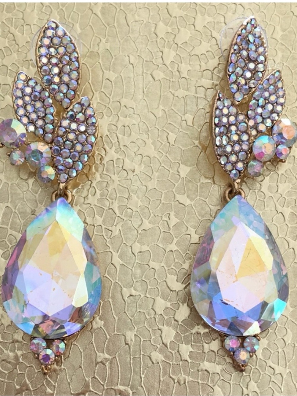 Iridescent Teardrop Rhinestone Dangle Earrings - Gold Tone AB crystal